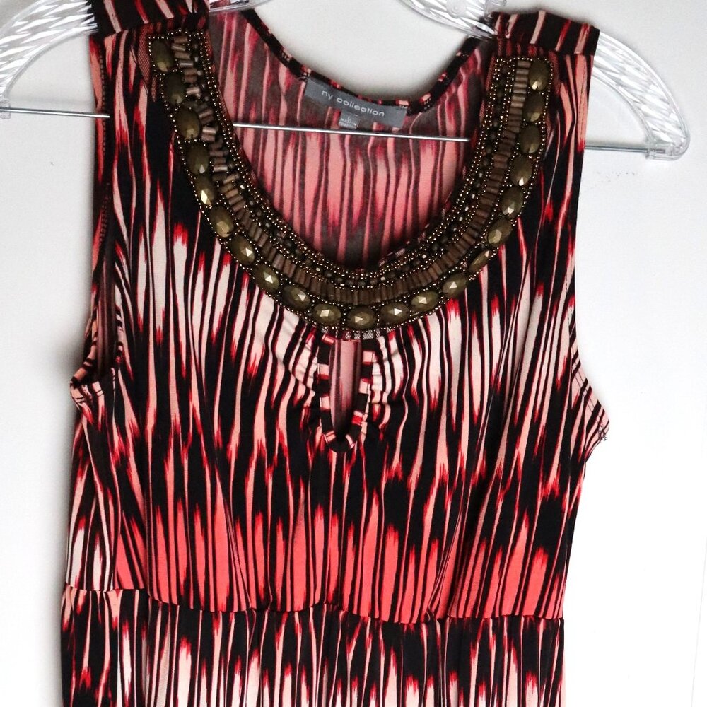 Womens NY Collection Large Black Red Striped Maxi Dress Wooden Beaded Neckline